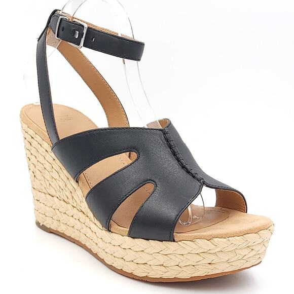 UGG Women Careena Ankle Strap Espadrille Sandals Size US 11 Black Leather - Picture 1 of 5